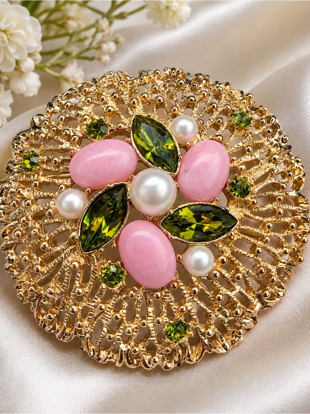 Classic Gold-Tone Pink & Olive Pearl Brooch